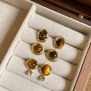 Brown Round Oval Retro Stone Stud Earrings