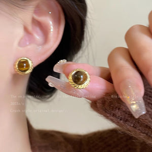 Brown Round Oval Retro Stone Stud Earrings