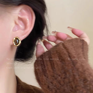 Brown Round Oval Retro Stone Stud Earrings