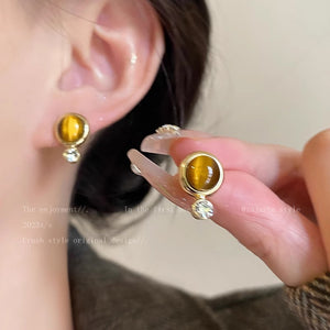 Brown Round Oval Retro Stone Stud Earrings