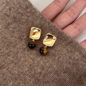Rana Gold Geometric Tiger Eye Stone Stud Earrings