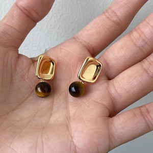 Rana Gold Geometric Tiger Eye Stone Stud Earrings