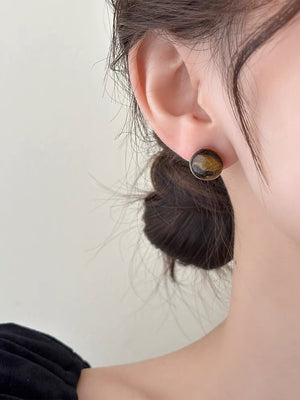 Brown Round Oval Retro Stone Stud Earrings