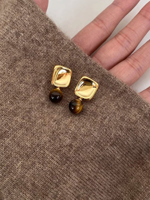Rana Gold Geometric Tiger Eye Stone Stud Earrings