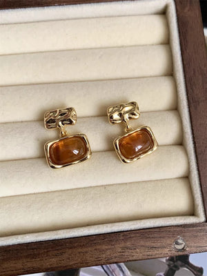 Brown Round Oval Retro Stone Stud Earrings