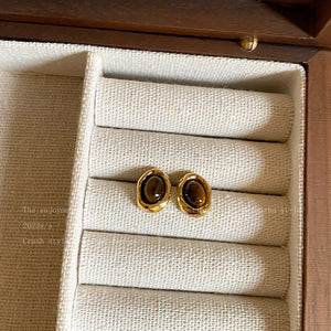 Brown Round Oval Retro Stone Stud Earrings