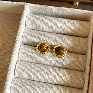 Brown Round Oval Retro Stone Stud Earrings